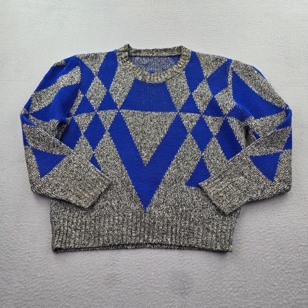 Vintage Womens Sweater Gray Blue Acrylic Geometric Tight Knit Ribbed Warm Cozy